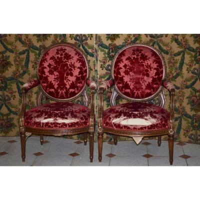 Pair Of Large Armchairs Medallion Louis XVI