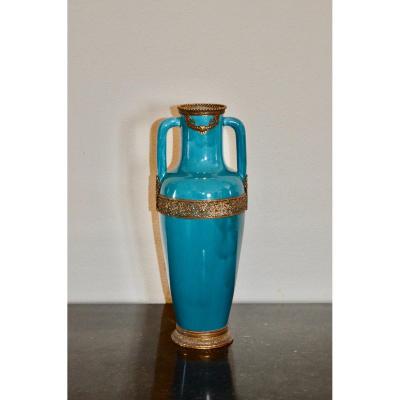 Turquoise Blue Ceramic Vase And Gilded Bronze End XIXth Century