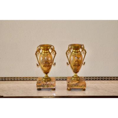 Pair Of Cassolettes In Yellow Siena Marble Napoleon III