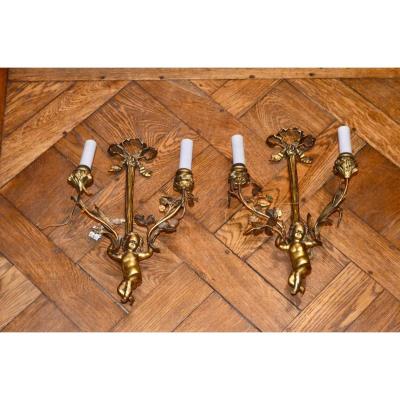 Pair Of Sconces With Cherubs In Gilt Bronze Napoleon III