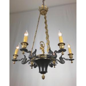19th Century French  Empire Chandelier With An Angel Gilt Bronze And Dark Green Antique Bronze