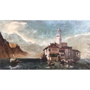 Very Large Oil On Canvas San Giulio (272cm X 153cm) 1884 Rivallon From The Temple Of The Cross
