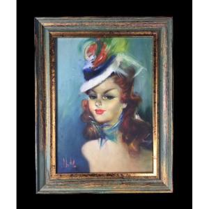 Painting In The Taste Of Domergue Elegant Woman Oil On Canvas