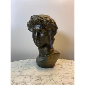 Real Scale Head Sculpture David By Michelangelo Terracotta Bronze Patina
