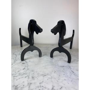 Edouard Schenck Pair Of Zoomorphic Andirons Couple Of Dachshunds 1950 