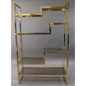 Roméo Rega Bookshelf In Gilded Brass And Smoked Glass Shelves 1970