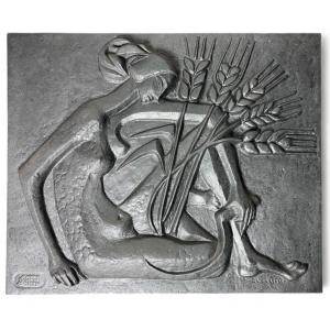 M Quellier Cast Iron Fireplace Plate 1960 Published By Le Fondeur Stern Naked Woman Sickle Wheat
