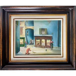 Joan Eveno Oil On Wood Street Scene Toulouse Naive Painting