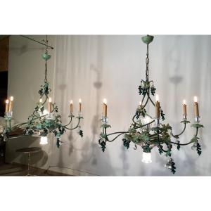 Important Pair Of Chandeliers 8 Lights With Plant Decor In Crystal And Glass 