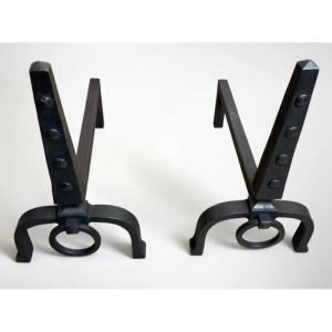 Gilbert Poillerat Pair Of Wrought Iron Obelisk Andirons