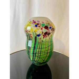 Multicolor Glass Paste Vase Signed Anastasescu Murano