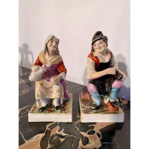 Pair Of English Victorian Porcelain Figurines 1870 The Shoemaker And The Milkmaid