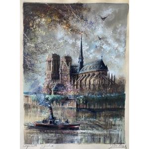 Watercolor 20th Century Notre Dame De Paris Seine Quays