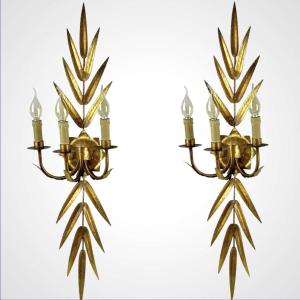 Pair Of 20th Century Gilded Iron Wall Lights, Maison Ferro, Spain, 1950s