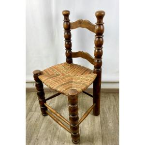 Charles Dudouyt Brutalist Style Chair In Turned Beech Wood With Straw Seat, 1940