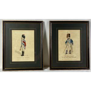 Pair Of 19th English Ink And Watercolor Drawings Of The Queen's Hussars And Grenadier Guard