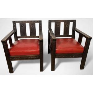 Pair Of 1930s Art Deco Red Leather Armchairs