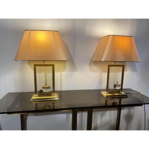 Pair Of Glass And Brass Lamps Le Dauphin Design 1970s