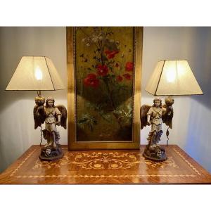 Pair Of Italian Polychrome Angel Lamps From The Mid-20th Century In 17th Century Style