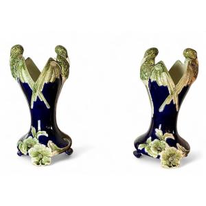 De Bruyn Pair Of Vases 1880 Decorated With Birds And Hawthorn Flowers On A Blue Background Signed