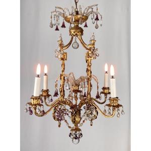 Neoclassical Chandelier In Gilded Wrought Iron And Crystals With 4 Light Arms Attributed To Baguès