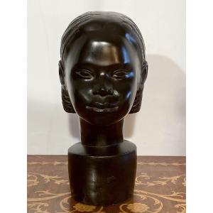 Sculpture Real Size 1957 Head Of A Young Girl Madagascar Primitive Arts Signed Rakotomanampy 