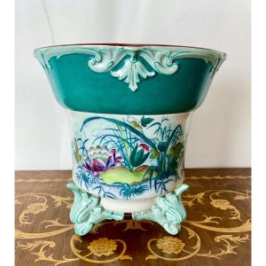 19th Century Polychrome Planter U&c Sarreguemines Model Nénuphar