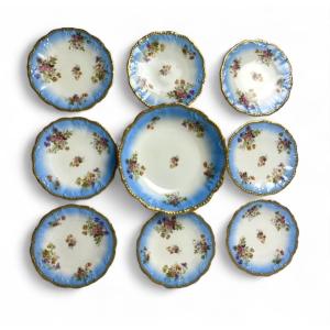 Golse Limoges Dessert Service With Floral Decor, Flat Plate And 8 Plates 
