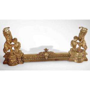 Andirons With Roaring Lions In Gilded Bronze