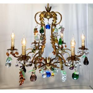 Large Louis XV Cage Chandelier In Gilded Metal With Murano Glass Fruit, Featuring 6 Lights 