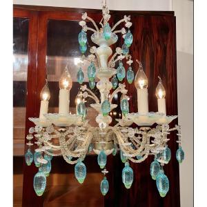 Six-light Chandelier In Crystal, Opalescent Glass, Opaline Glass And Murano Glass