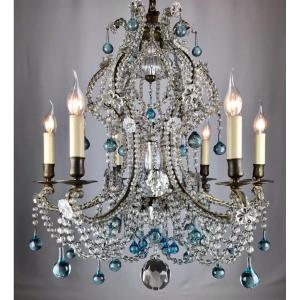 Louis XV Cage Chandelier In Bronze, Glass And Crystal 19th