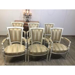 Series Of 6 Armchairs Directoire Style Ivory Lacquer And Silk Velvet