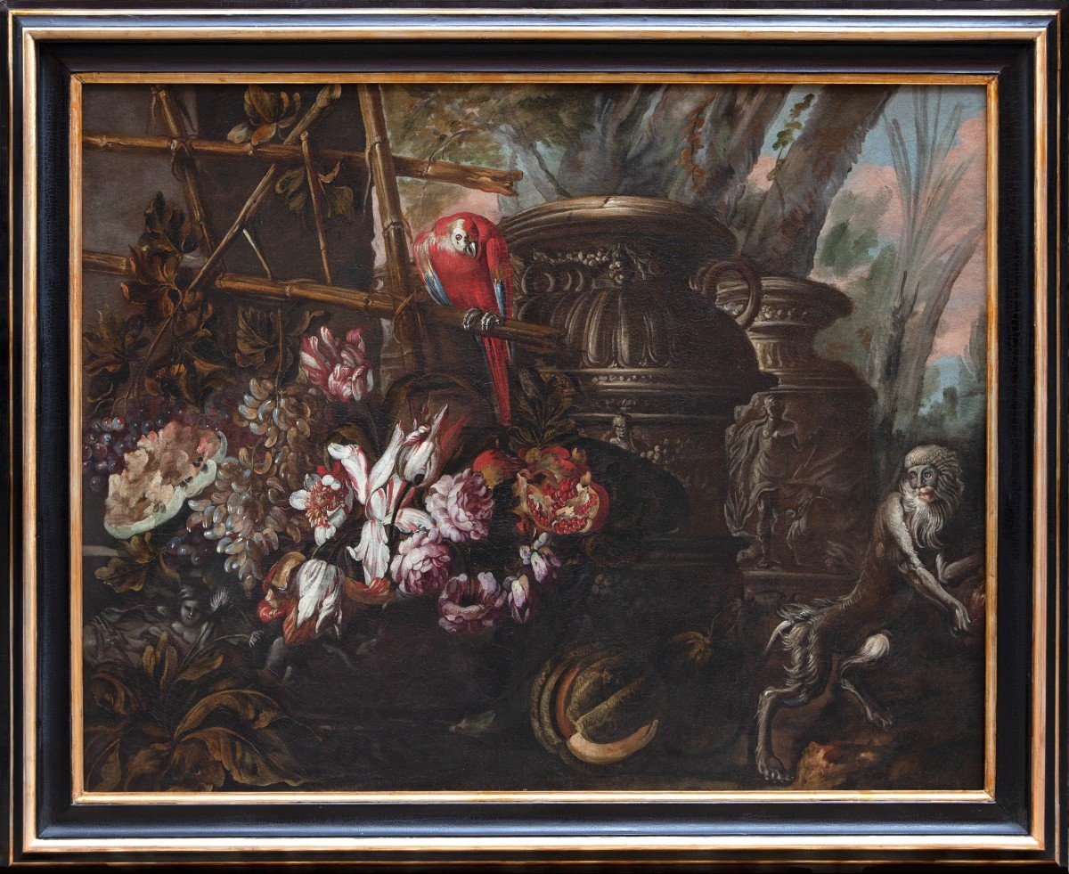 Natura morta con fiori, frutti, vasi istoriati, un pappagallo e una scimmia