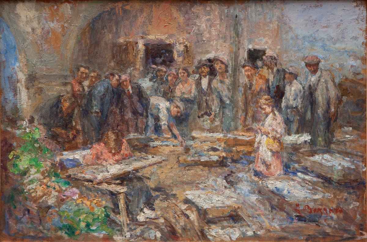 Leonardo Bazzaro (Milano, 1853 – 1937)  Mercato dell'Orecchio  -  Chioggia 1936-photo-2