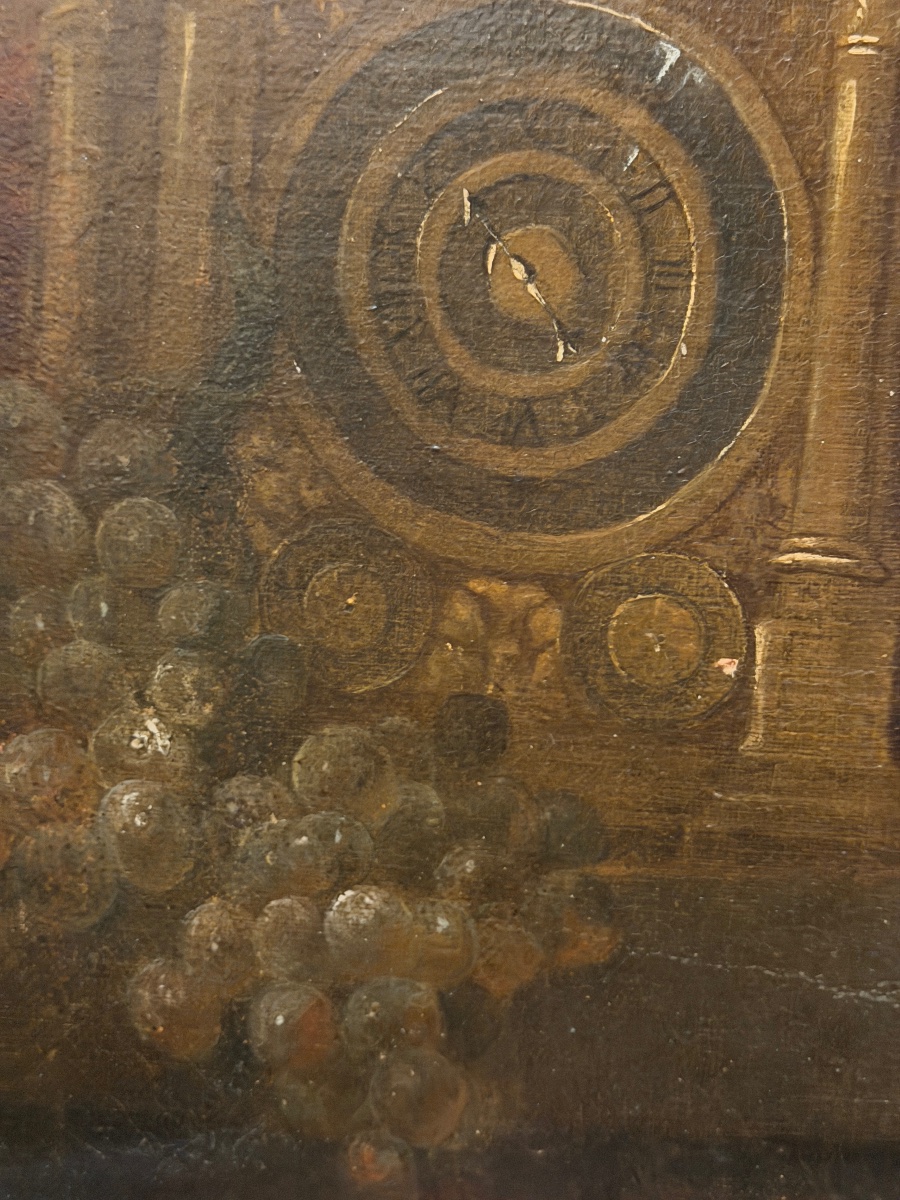 Natura Morta Con Vaso Di Fiori, Orologio Da Tavolo E Uva – Pierre-Nicolas Huilliot – XVIII sec-photo-3