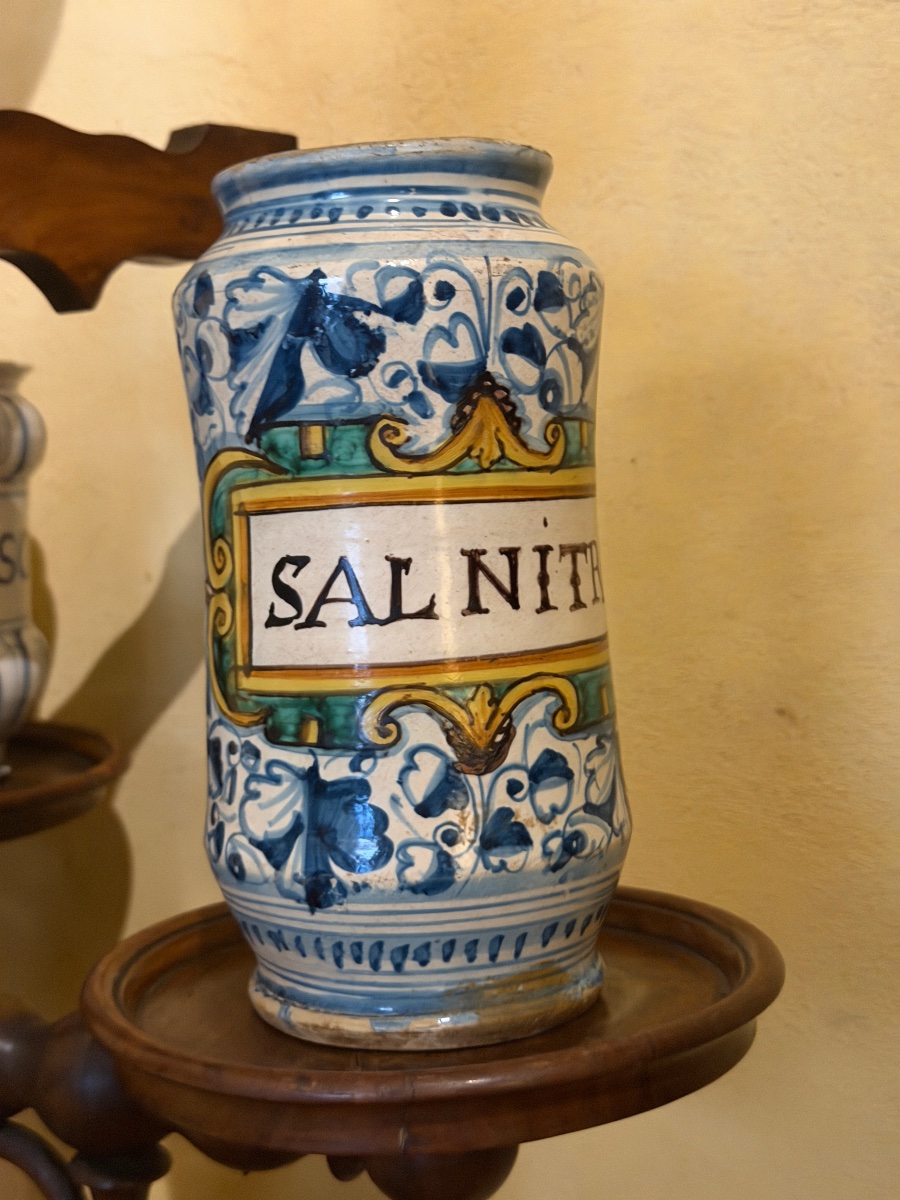 Albarello da farmacia in maiolica policroma “SAL NITRO”, Italia centrale, XVI secolo-photo-3