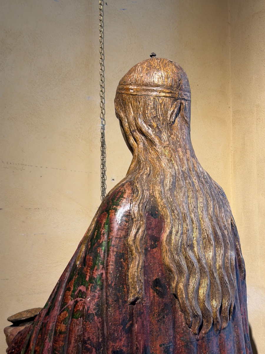 Grande scultura senese in legno policromo raffigurante figura biblica femminile, 1500 circa-photo-3