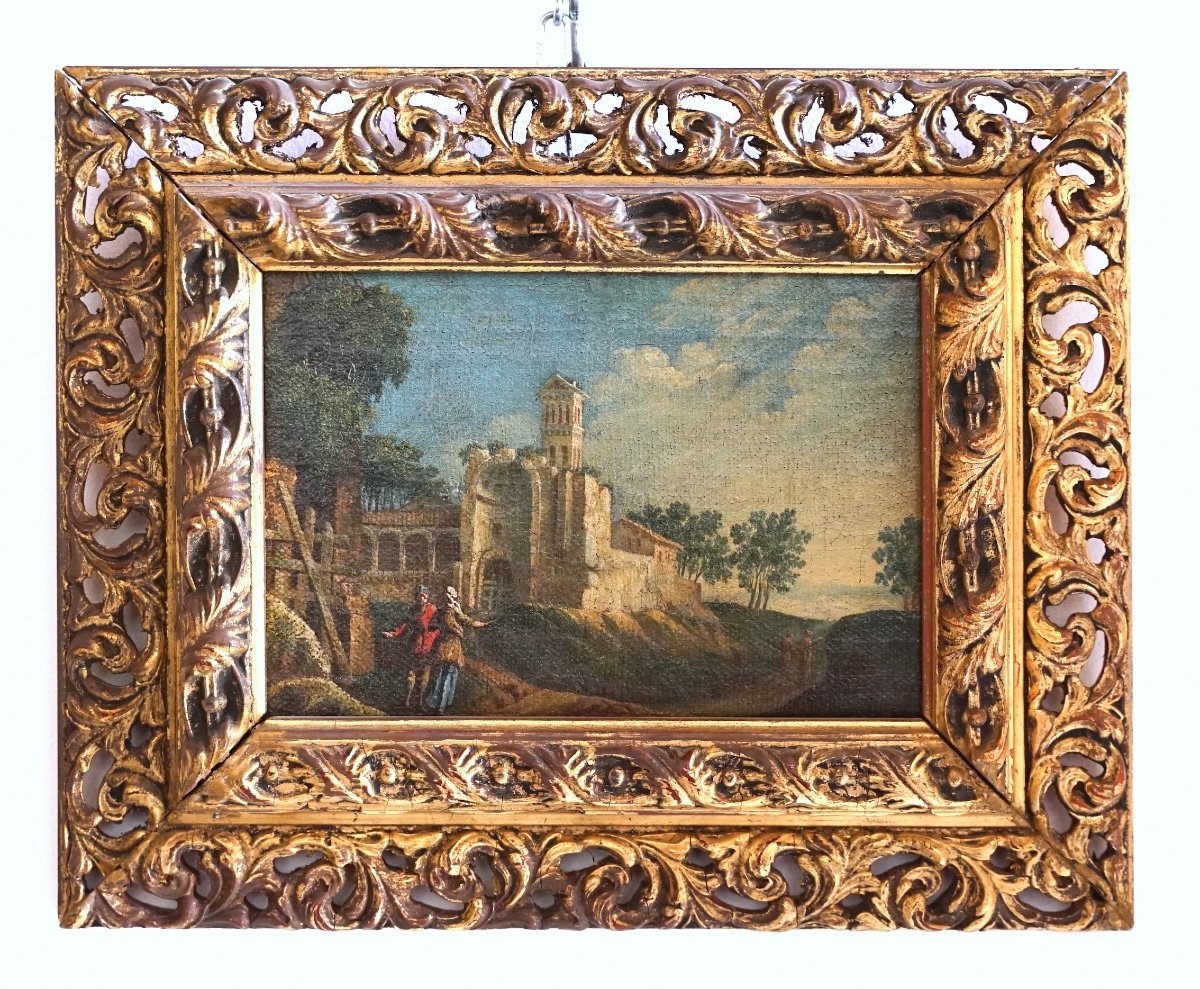 Dipinto Antico Raffigurante Paesaggio con Rovine