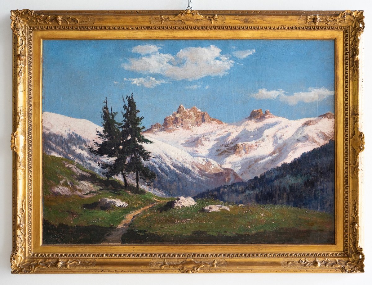 Dipinto raffigurante montagne innevate, di Leonardo Roda