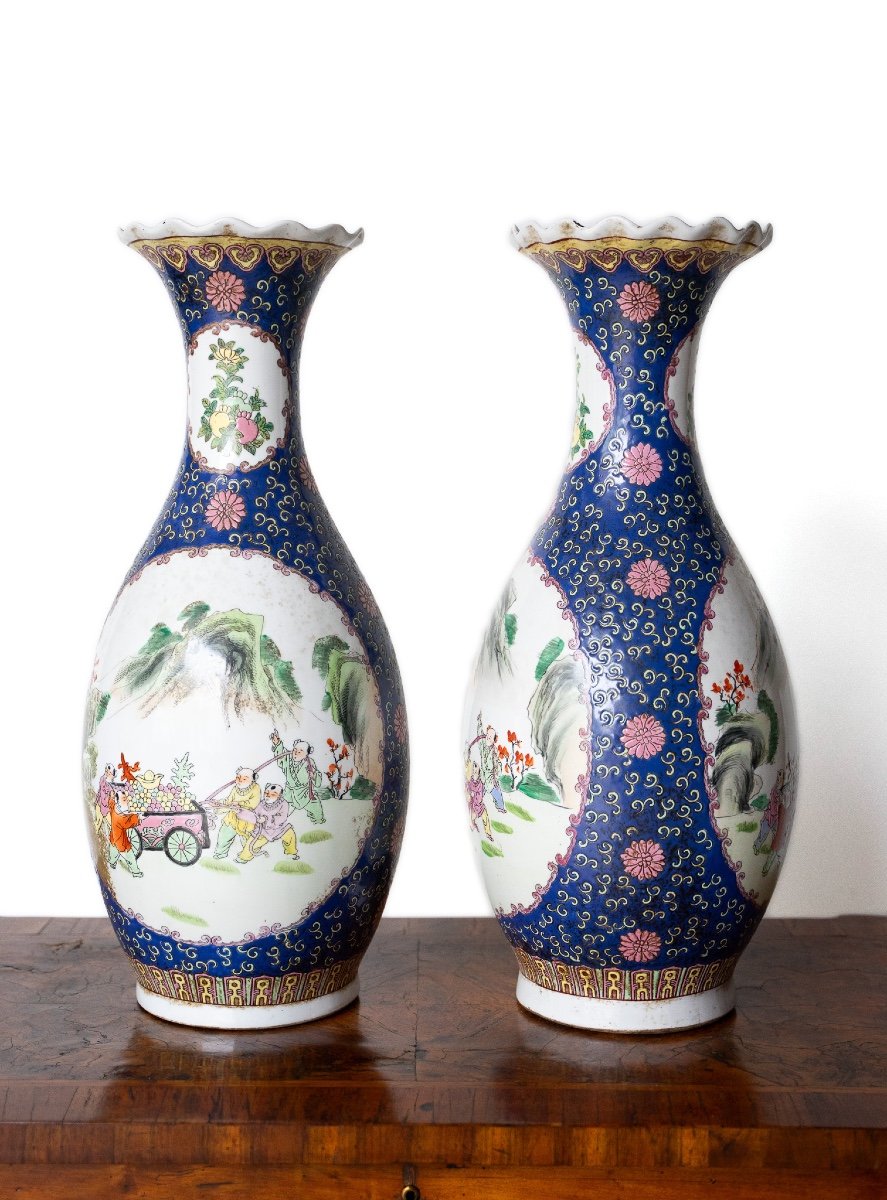 Coppia di antichi vasi cinesi in porcellana blu e bianca-photo-2