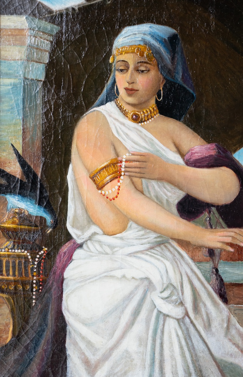 Dama con gioielli e gazza ladra – Olio su tela – metà XIX secolo-photo-2