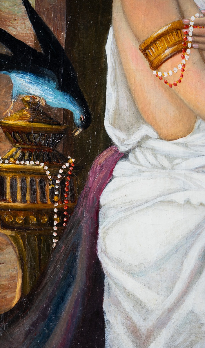 Dama con gioielli e gazza ladra – Olio su tela – metà XIX secolo-photo-1