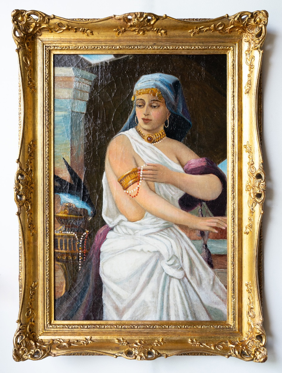 Dama con gioielli e gazza ladra – Olio su tela – metà XIX secolo