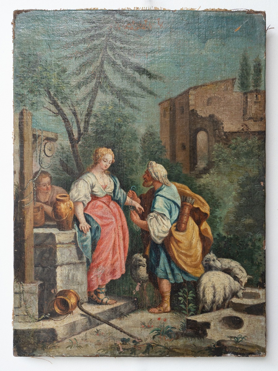 Coppia di dipinti ad olio su tela – Scene bibliche pastorali-photo-2