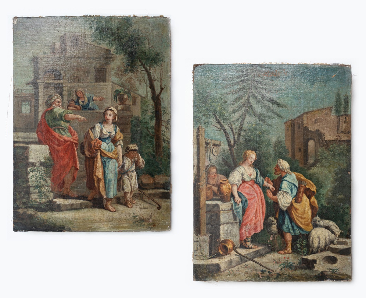 Coppia di dipinti ad olio su tela – Scene bibliche pastorali