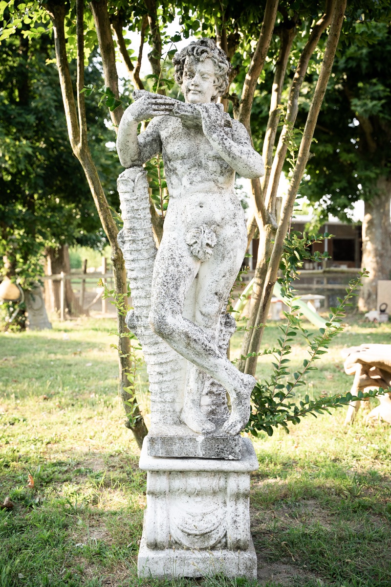 Putto con flauto – Scultura liberty in graniglia, anni ’30-photo-2