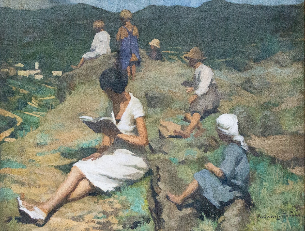 Scena di lettura in paesaggio montano – Pittura italiana, fine XIX secolo-photo-2