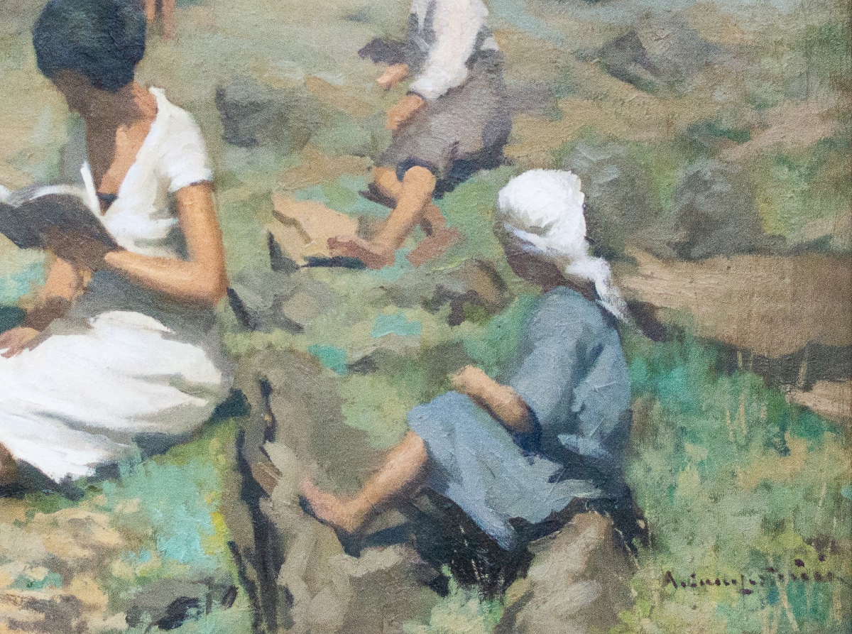 Scena di lettura in paesaggio montano – Pittura italiana, fine XIX secolo-photo-3