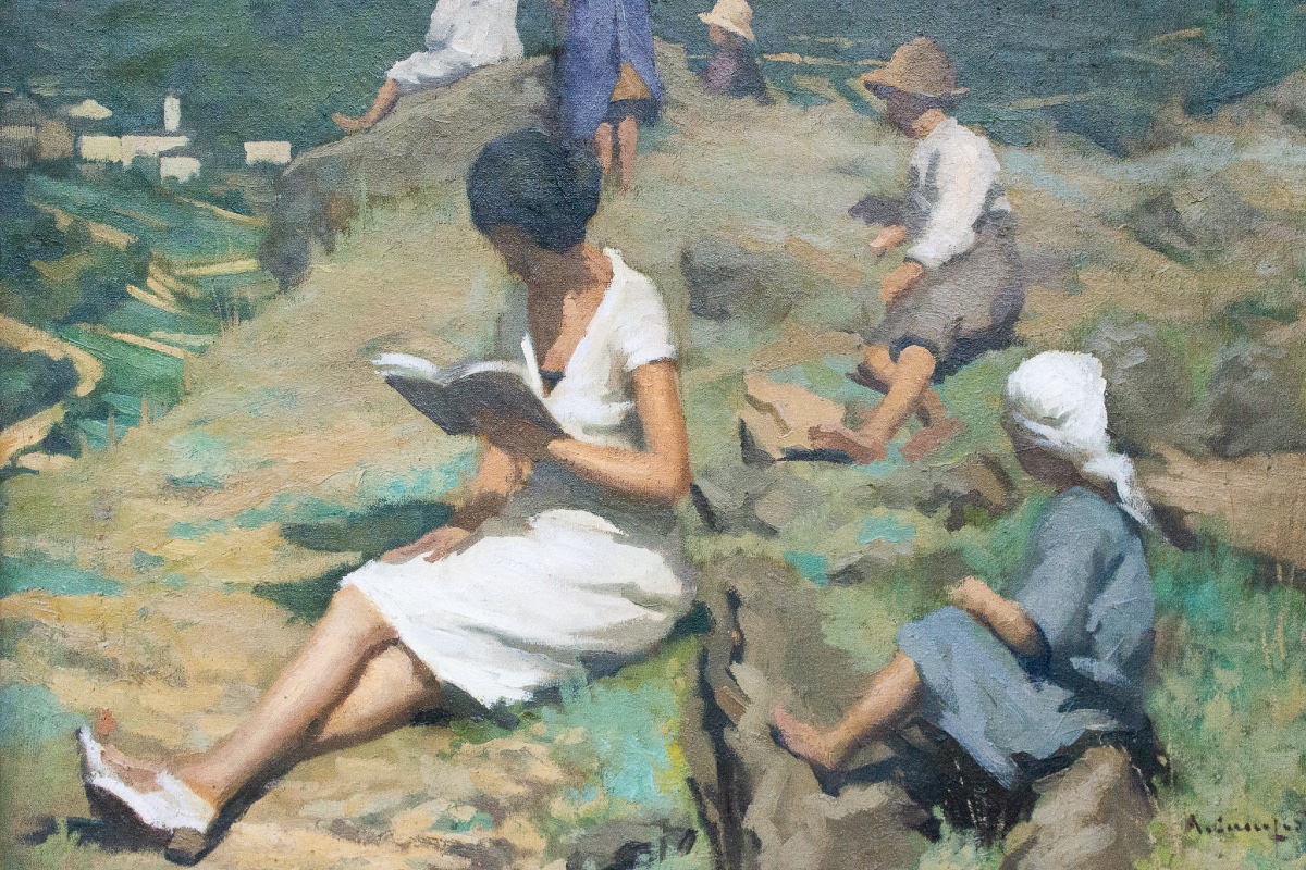 Scena di lettura in paesaggio montano – Pittura italiana, fine XIX secolo-photo-4